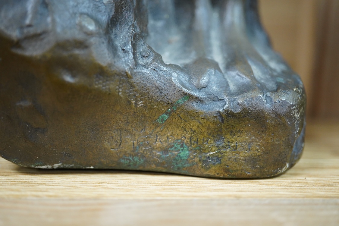 A contemporary bronze figure of a standing female nude, indistinctly signed and a card wood figure of a bear, tallest 29.5cm